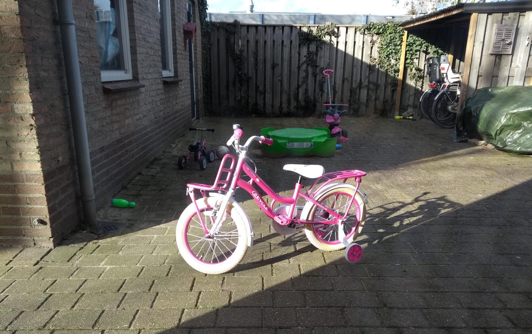 fiets, meisjesfiets, kinderfiets, kleuter, leren fietsen, zijwieltjes, kinderen, mamablog, mamalifestyleblog, gezin, roze fiets, lalogblog, lalog.nl, lalog
